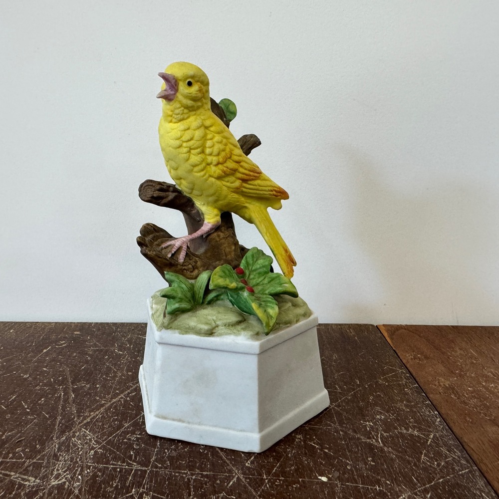 Vintage Canary Bird Music Box Porcelain Figurine "Oh What A Beautiful Morning"
